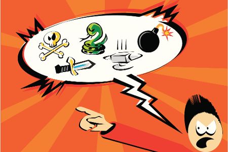 schimpfende Comicfigur mit Sprechblase