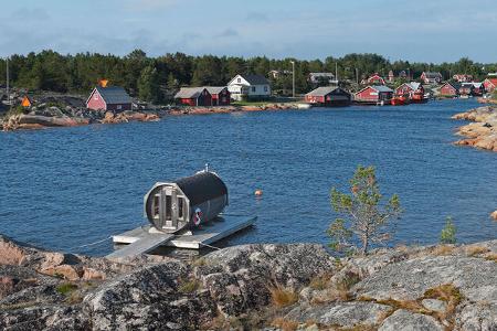 Sauna, Fass-Sauna, Bucht, HŠuser, BŠume, Himmel