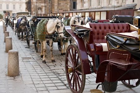 Lange Reihe von Fiakern in Wien
