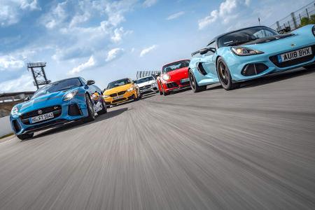 Lotus Exige Sport 410, Porsche 911 Carrera T, BMW M4, Mercedes-AMG E 63 S, Jaguar F-Type SVR - sport auto 9/2018