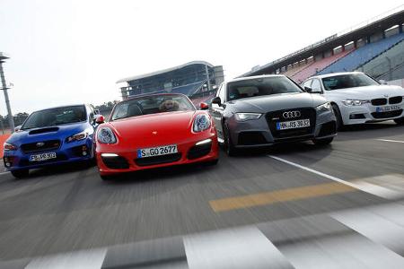 Audi RS 3 Sportback, BMW 335d xDrive, Porsche Boxster, Subaru WRX STI
