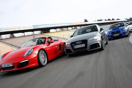 Audi RS 3 Sportback, BMW 335d xDrive, Porsche Boxster, Subaru WRX STI