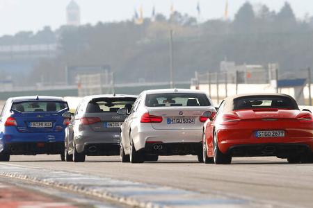 Audi RS 3 Sportback, BMW 335d xDrive, Porsche Boxster, Subaru WRX STI