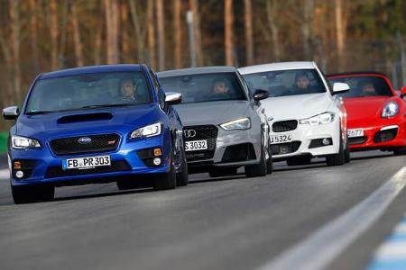 Audi RS 3 Sportback, BMW 335d xDrive, Porsche Boxster, Subaru WRX STI