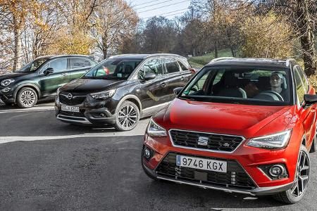 ams0319, Vergleichstest, Fiat 500X 1.3 GSE, Opel Crossland X 1.2 DI Turbo, Seat Arona 1.5 TSI, Exterieur