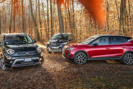 ams0319, Vergleichstest, Fiat 500X 1.3 GSE, Opel Crossland X 1.2 DI Turbo, Seat Arona 1.5 TSI, Exterieur