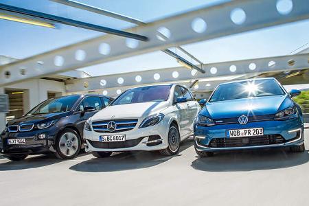 BMW i3, Mercedes B-Klasse Electric Drive, VW e-Golf, Frontansicht