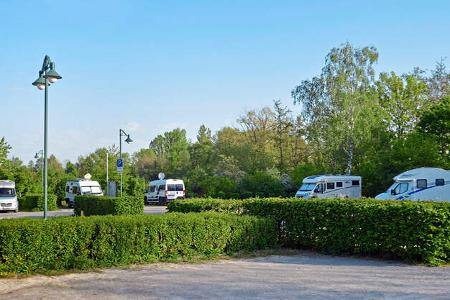 Stellplatz, Hecke, Caravans, Laternen, Himmel