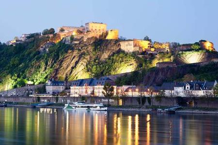 Koblenz, View of fortress Ehrenbreitstein in evening light with river rhine