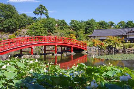 Japan, Holzbrücke und Teehaus