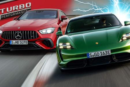 Konzeptvergleich Mercedes-AMG GT Viertürer V8 Hybrid Taycan Elektro Sportwagen Collage
