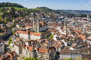 Stunning view of the Saint Gallen old town with its famous monastery and catholic catheral in Switzerland