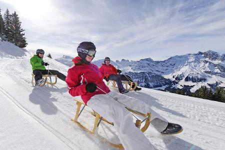 Schnee, Berge, Schlitten, Kinder, Himmel