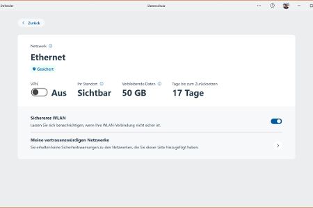 Das Windows Tool bietet außerdem Schutz für Ethernet-Verbindungen mit Standortanzeige, VPN-Option und Warnungen für unsichere Netzwerke.
