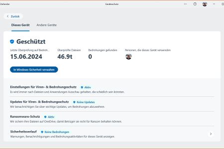 Der Geräteschutz beinhaltet einen aktiven Viren-, Bedrohungs- und Ransomware-Schutz mit regelmäßigem Sicherheitsstatus-Check.