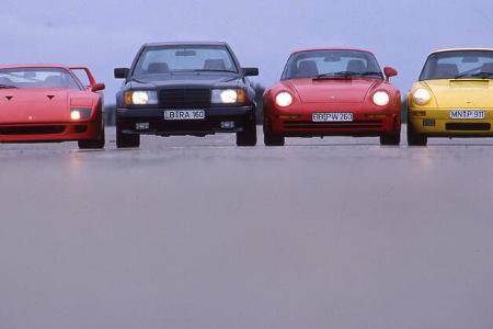 Ferrari F 40, Mercedes AMG 6.0 32 V, Porsche 959, Ruf-Porsche CTR, Hochgeschwindigkeits-Vergleich 1988