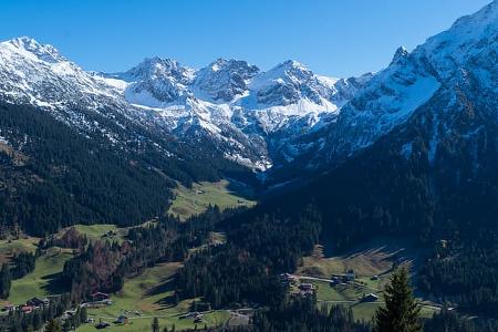 View on an alpine valley in spring, Kleinwalsertal, Austria