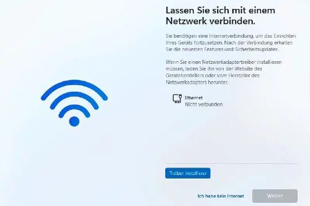 Lokales Konto statt Microsoft-Zwang: Mit dem Klick auf „Ich habe kein Internet“ lässt sich ein lokales Benutzerkonto erstellen – allerdings muss man Windows dazu erst überlisten.