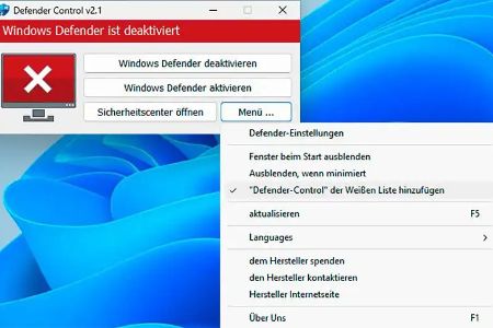 Komplettabschaltung der Windows-Sicherheit: Mit dem Tool Defender Control lässt sich der Windows-Schutz vollständig deaktivieren. Das sollte aber nur in Ausnahmefällen geschehen.