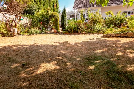 Haus mit gelber, vertrockneter Rasenfläche
