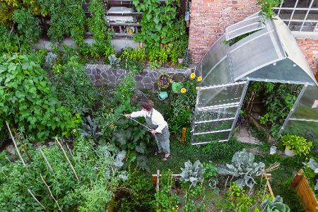Mensch holt mit Gießkanne Regenwasser aus einer Wassertonne