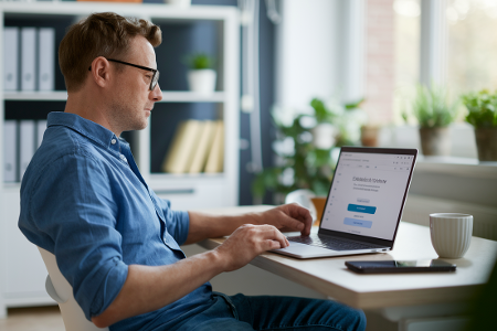Ein Mann sitzt am Schreibtisch und löscht seine E-Mail-Adresse über ein Webmail-Postfach auf dem Laptop.