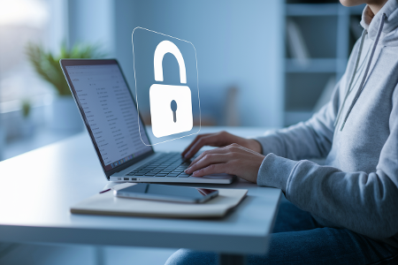 Person tippt auf einem Laptop mit geöffnetem E-Mail-Postfach. Ein digitales Sicherheitsschloss-Symbol schwebt im Vordergrund über der Szenerie.