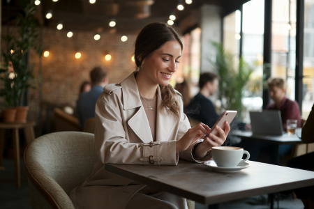 Eine junge Frau sitzt in einem Café an einem Tisch und tippt auf dem Smartphone.