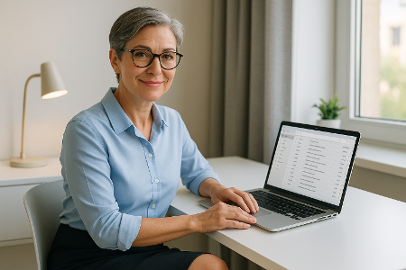 Grauhaarige Frau mittleren Alters mit Brille sitzt lächelnd an einem weißen Schreibtisch in einem modernen, hellen Büro und arbeitet an einem Laptop mit geöffneter E-Mail-Anwendung.