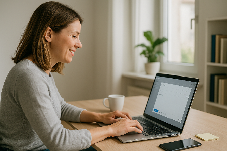 E-Mail schreiben am Laptop – eine Frau tippt konzentriert in heller Homeoffice-Umgebung.
