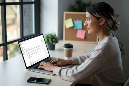Frau am Laptop beim Schreiben einer E-Mail mit sichtbarem Aufbau.