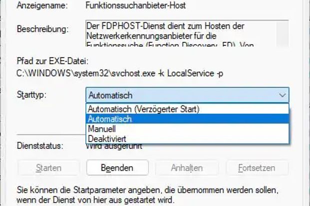Wähle für „Funktionssuchanbieter-Host“ sowie „Funktionssuche-Ressourcenveröffentlichung“ als Starttyp „Automatisch“, um das Problem mit leeren bzw. lückenhaften „Netzwerk“-Listen zu beheben.