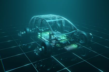 Digitales Modell eines halb zusammengebauten Elektroautos