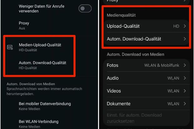 Um Speicherplatz zu sparen, kannst Du die Qualität von Up- und Downloads reduzieren.