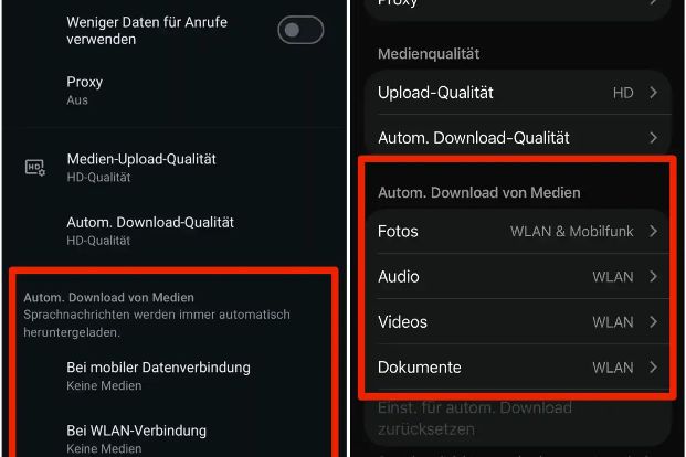 Die Deaktivierung automatischer Downloads von Medien – links auf einem Android- und rechts auf einem iOS-Gerät dargestellt – senkt den Speicherbedarf.