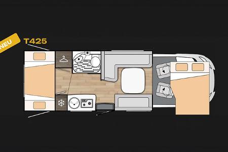 Benimar Tessoro 425 mit Stockbetten und Loungesitzgruppe, Grundriss