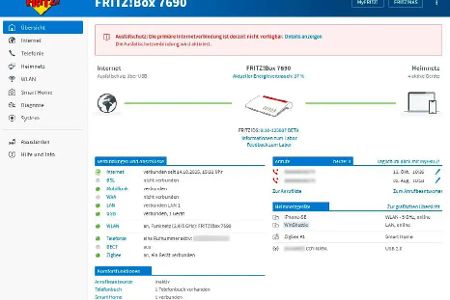 Bei einem Ausfall der Hauptverbindung informiert Dich die FRITZ!Box darüber in der Übersicht. Außerdem zeigt der Router an, wenn der Ausfallschutz aktiv ist und welcher Anschluss dafür zum Einsatz kommt.