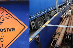 Foto: Polizei Münster. Das Foto zeigt die Gefahrgutkennzeichnung und das transportierte Gefahrgut im Container. Veröffentlichung mit dieser Meldung honorarfrei.