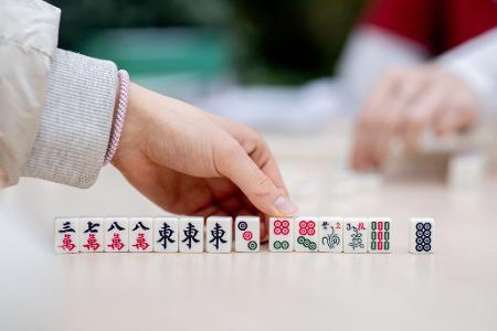 Besucher spielen bei dem chinesisches Neujahrsfest in den Gewächshäusern der Botanika in Bremen das chinesische Gesellschaftsspiel Mah-Jongg.