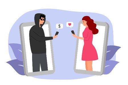 Grafik, auf der ein Betrüger via Handy von einer Frau Geld fordert