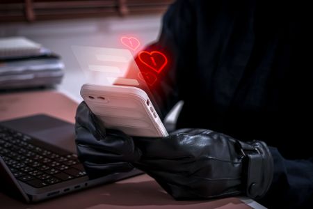 Schwarz gekleidete Person mit Handschuhen bedient ein Handy, aus dem virtuelle rote Herzen aufsteigen