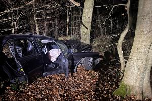 Das Fluchtfahrzeug kollidierte mit einem Baum. Foto: Polizei Mettmann