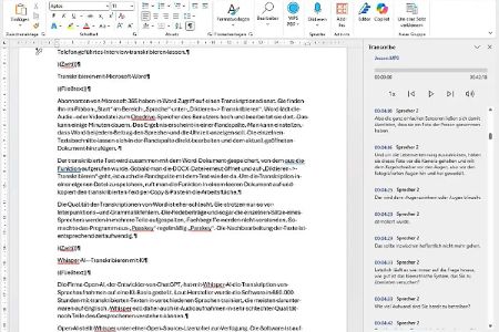 Praktisch: Word kann bei Audiodateien sowohl verschiedene Sprecher unterscheiden als auch Zeitstempel setzen. Die Transkription zeigt das Programm rechts neben dem Text an und speichert beides zusammen im jeweiligen Dokument.