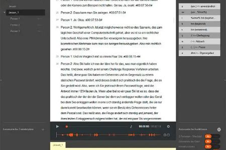 Nüchtern und nützlich: Die F4-Nutzeroberfläche präsentiert sich unter Windows aufgeräumt. Dabei erleichtern der integrierte Audioplayer und der Korrekturmodus die Transkriptionskontrolle und -überarbeitung.