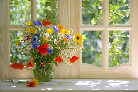 Bunter Blumenstrauß vor einem Fenster