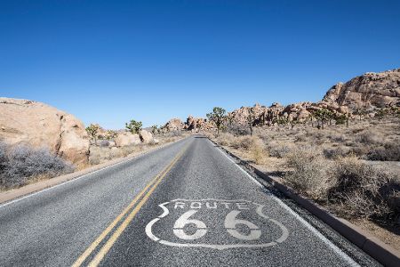 Straße in der Wüste mit dem Route-66-Zeichen auf dem Asphalt