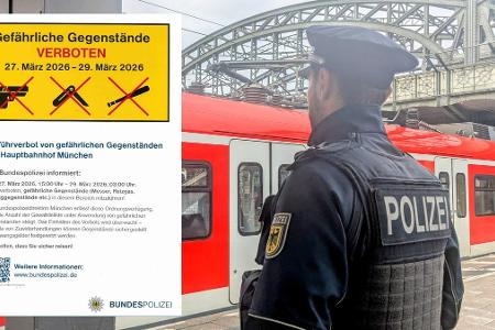 Vom 27. bis 29. März 2026 gilt in allen Bereichen des Hauptbahnhofes München u.a. ein Mitführverbot gefährlicher Gegenstände und Waffen. Die Bundespolizeiinspektion München ist verstärkt im Einsatz.