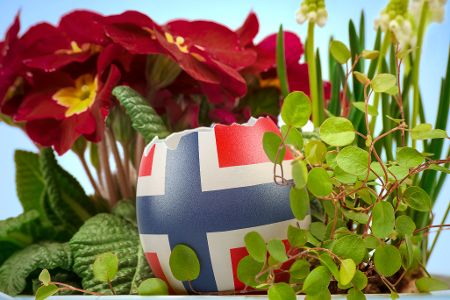Mit der Norwegen-Flagge bemaltes Osterei in einem Blumenkorb