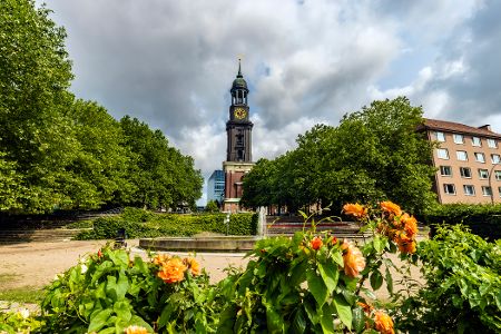Blick auf den Hamburger Michel, im Vordergrund ein Blumenbeet