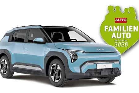 Grünes Logo in Herzform mit Silhouetten einer Familie und dem Schriftzug 'FAMILIENAUTO des Jahres 2026' sowie dem Magazin-Logo 'AUTO STRASSENVERKEHR'.